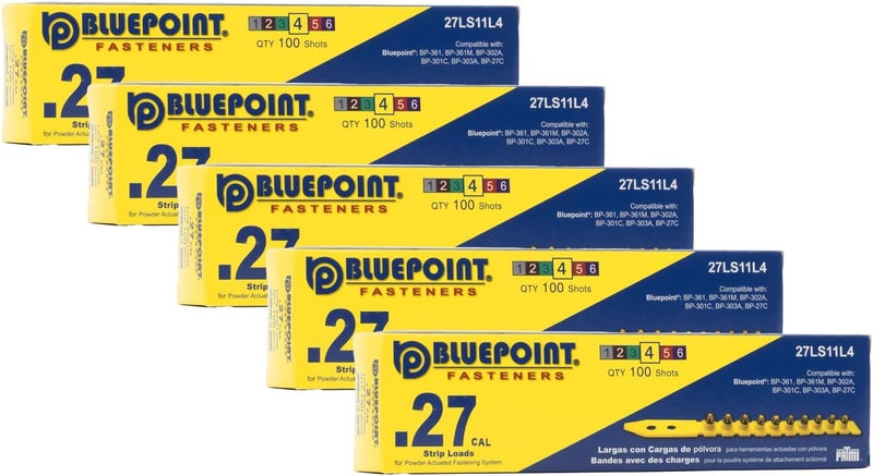 Bluepoint .27 Caliber Yellow Strip Powder Loads for Power Actuated Fastening System (500 Count). Item# 27LS11L4. Ideal for Reliable Fastening Applications. 5-Pack Save $10 - Image 1